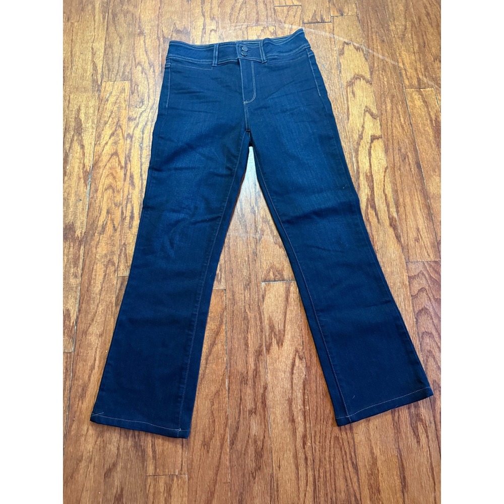 PAIGE High Rise Manhattan Bootcut Jeans Dark Indigo Blue Stretch Denim Size 28